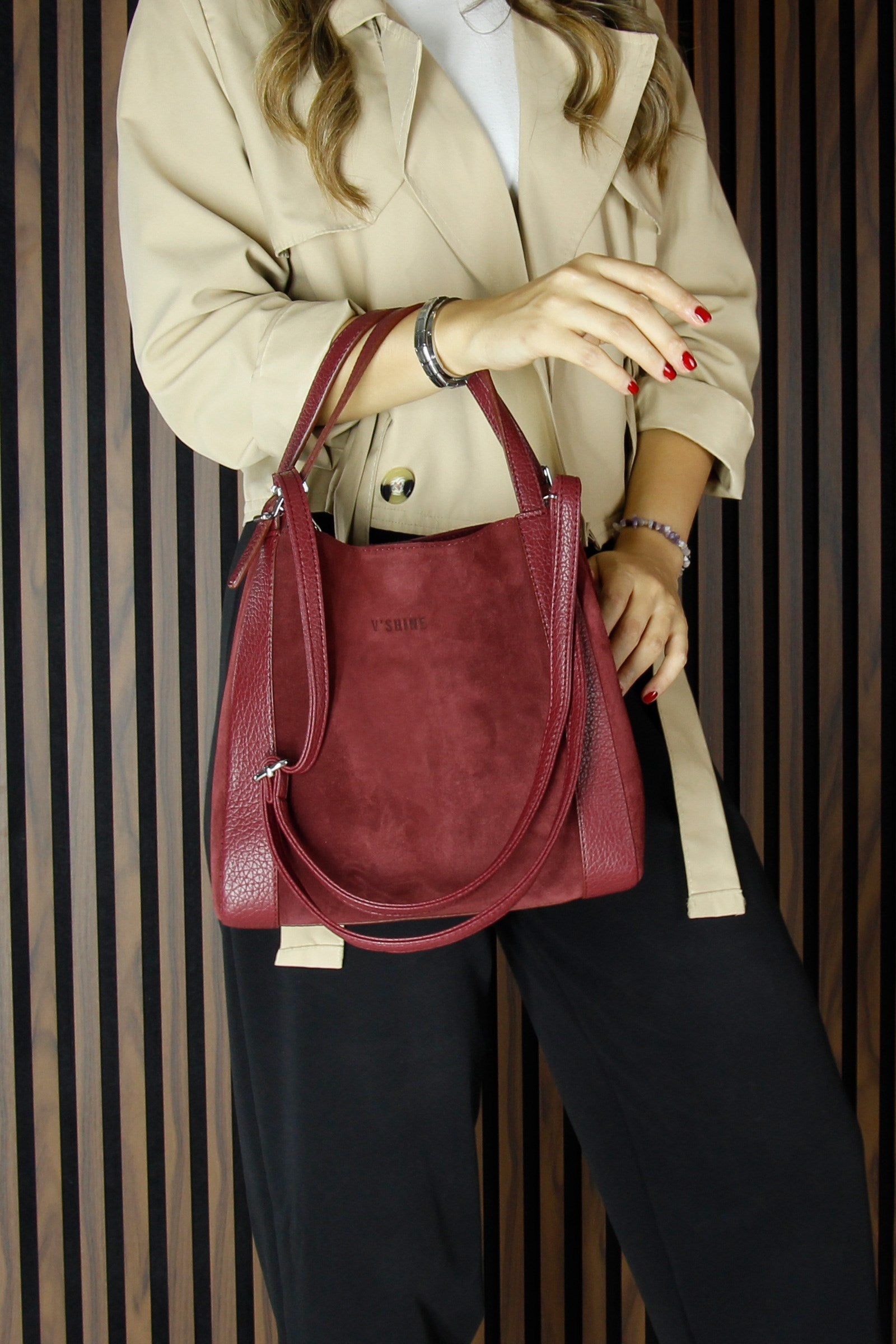 (VSN5012OC) Bordo Hakiki Dana Süet Manyetik Kapaklı Büyük Boy Günlük Omuz Çantası ve Askılı El Çantası