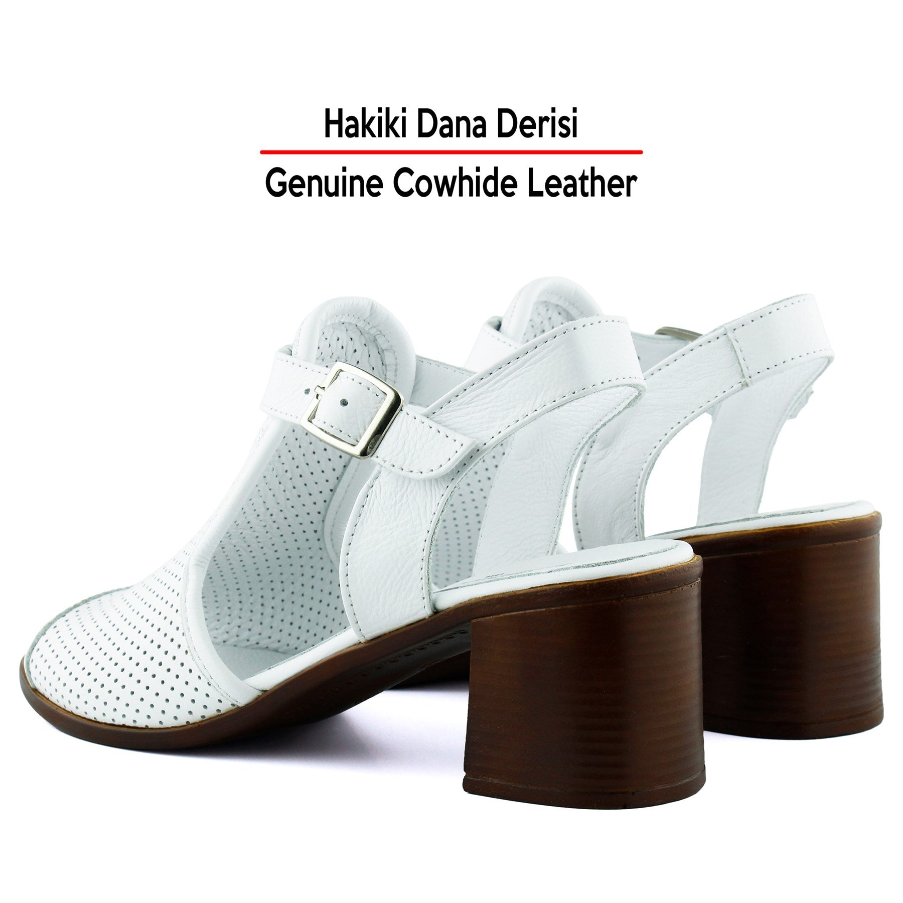 Elena Beyaz Hakiki Dana Derisi Önü Arkası Açık Delik Detaylı Kalın Topuklu Rahat Günlük Sandalet