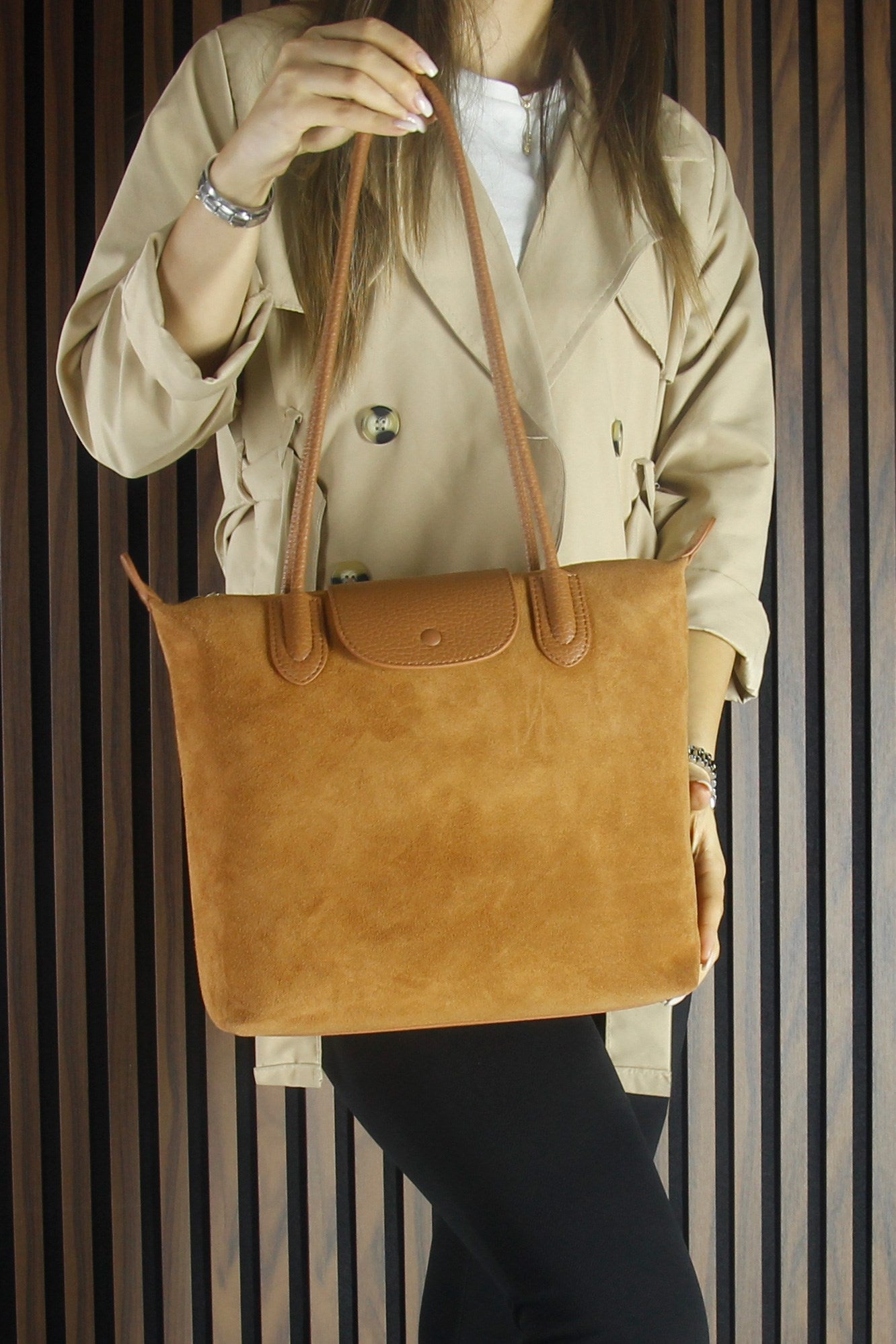 (VSN5017OC) Taba Hakiki Dana Süet Fermuarlı Manyetik Kapaklı Büyük Boy Günlük Omuz Çantası