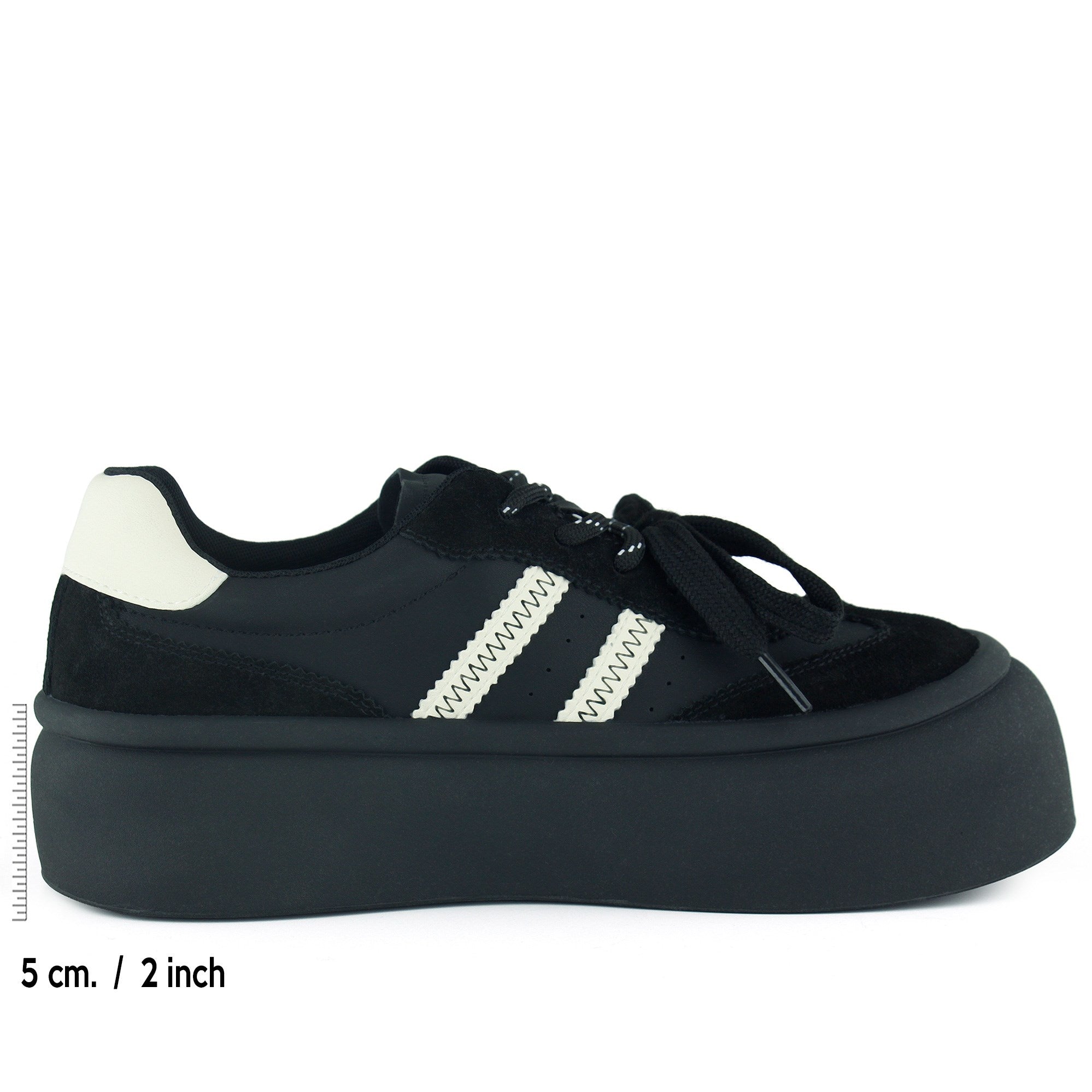 [261-BDL2000] Siyah Vegan Çift Bağcıklı Yuvarlak Burun Flatform Taban Günlük Sneaker Spor Ayakkabı