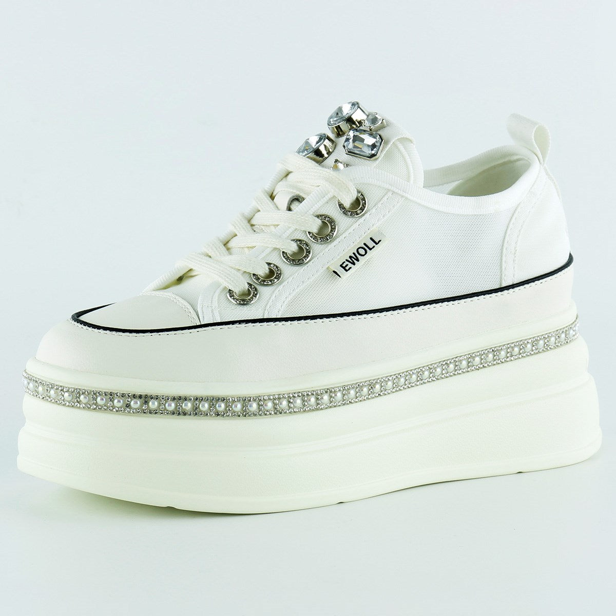 [5030] Beyaz Yüksek Taban Kristal Taşlı İnci Detaylı Bağcıklı Gelin Platform Sneaker