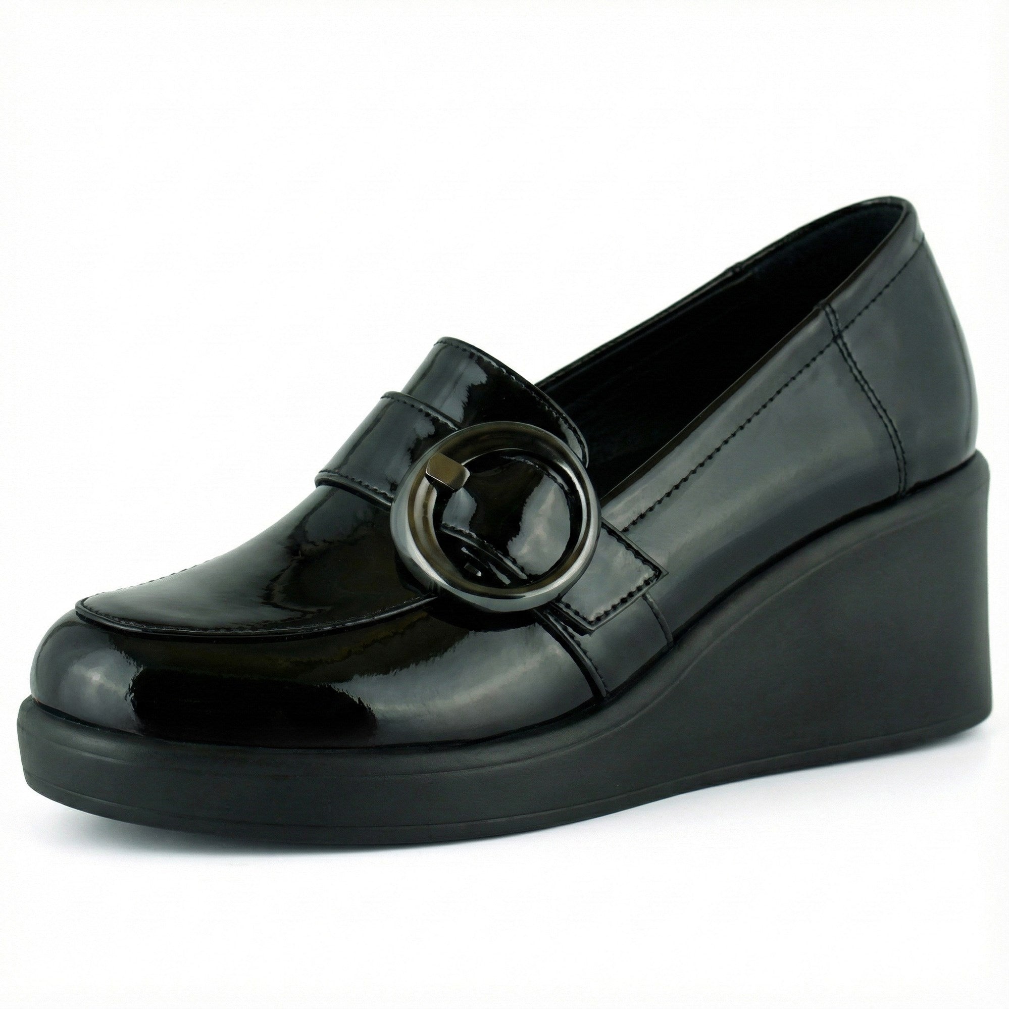 Madeline Siyah Rugan Hakiki Dana Derisi Tokalı Yuvarlak Burun Dolgu Topuklu Günlük Ayakkabı