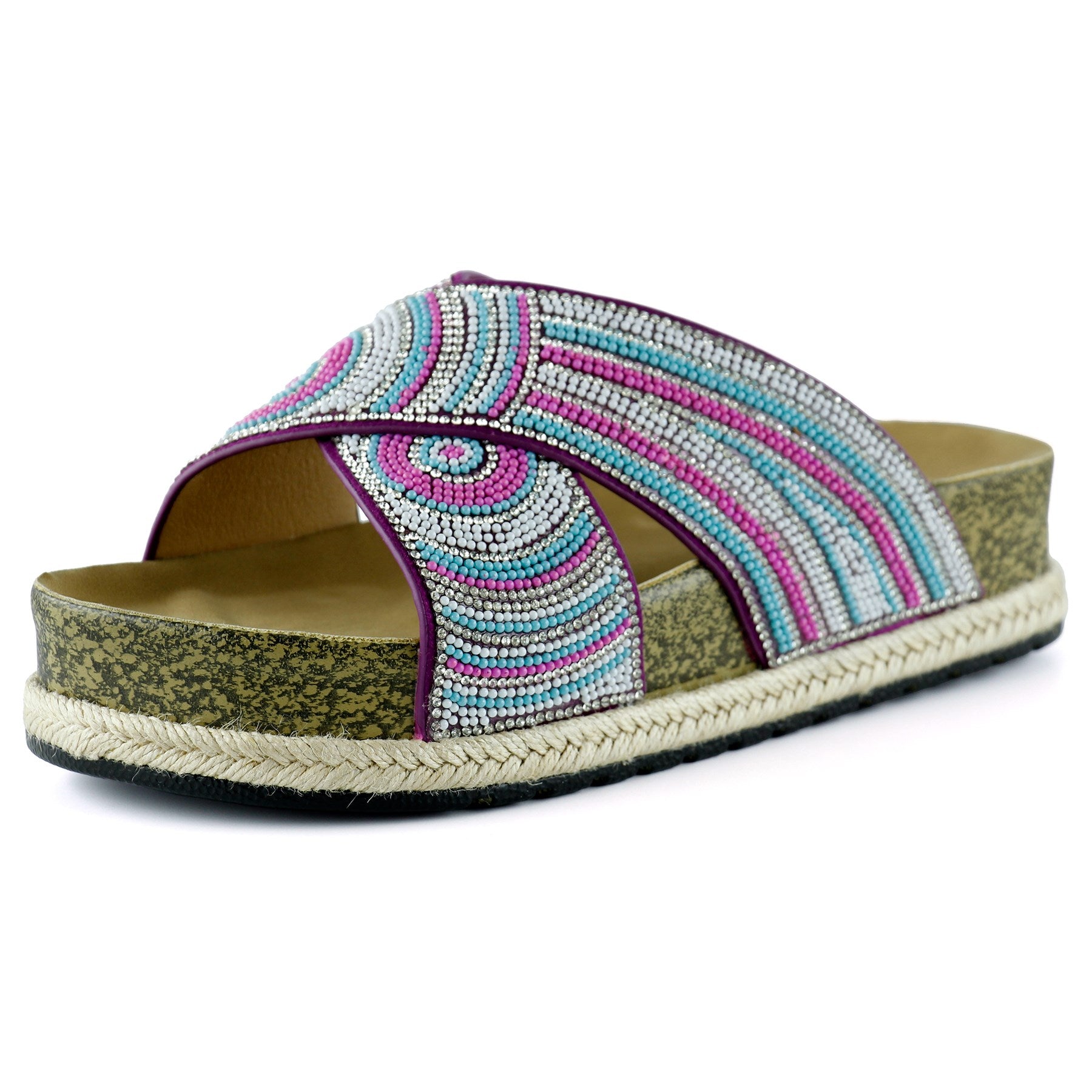 [7037] Pembe Turkuaz Boncuklu Çapraz Bantlı Kristal Taşlı Hasır Detaylı Mantar Taban Görünümlü Terli