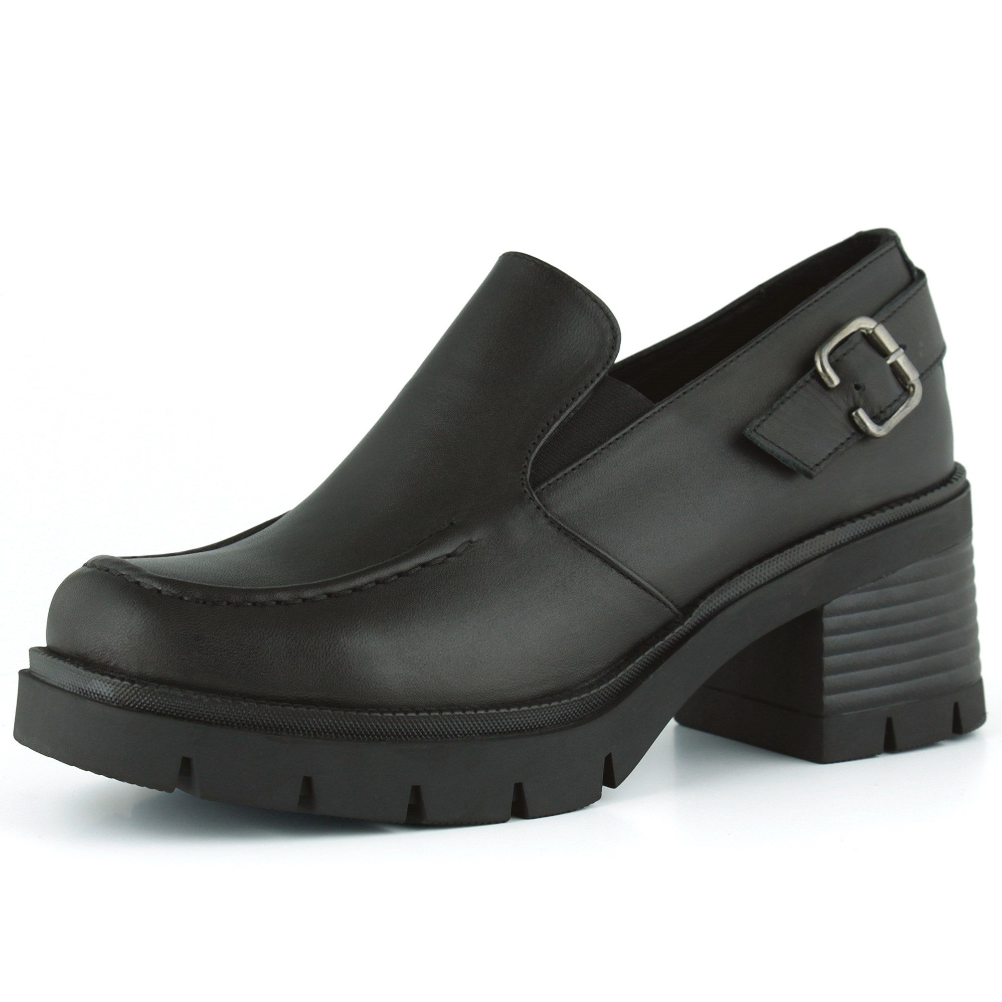 [MAX 5045] Kahverengi Hakiki Dana Derisi Lastikli Tokalı Kalın Topuklu Günlük Loafer Ayakkabı