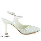 Perola İnci Beyaz Saten Taşlı İncili Arkası Açık Sivri Burun İnce Topuklu Abiye Gelin Ayakkabısı