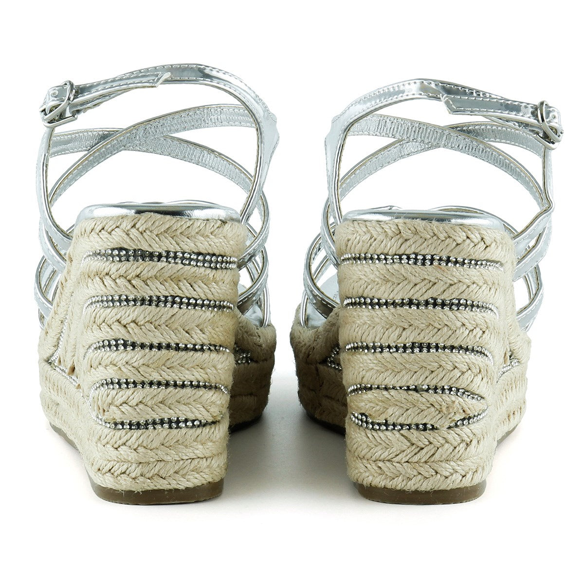 [7002] Gümüş Rugan Çapraz Bantlı Taşlı Zikzak Örgü Jüt Platform Topuklu Sandalet