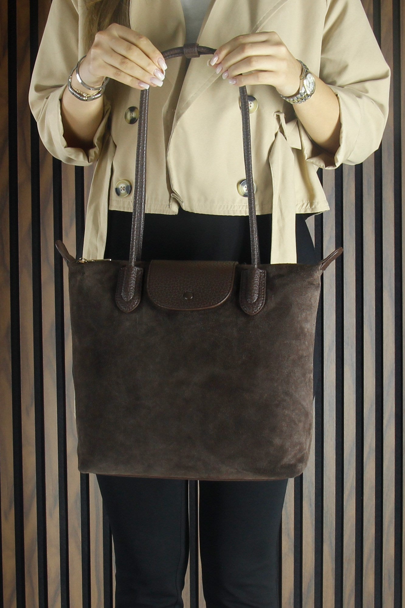 (VSN5017OC) Kahve Hakiki Dana Süet Fermuarlı Manyetik Kapaklı Büyük Boy Günlük Omuz Çantası