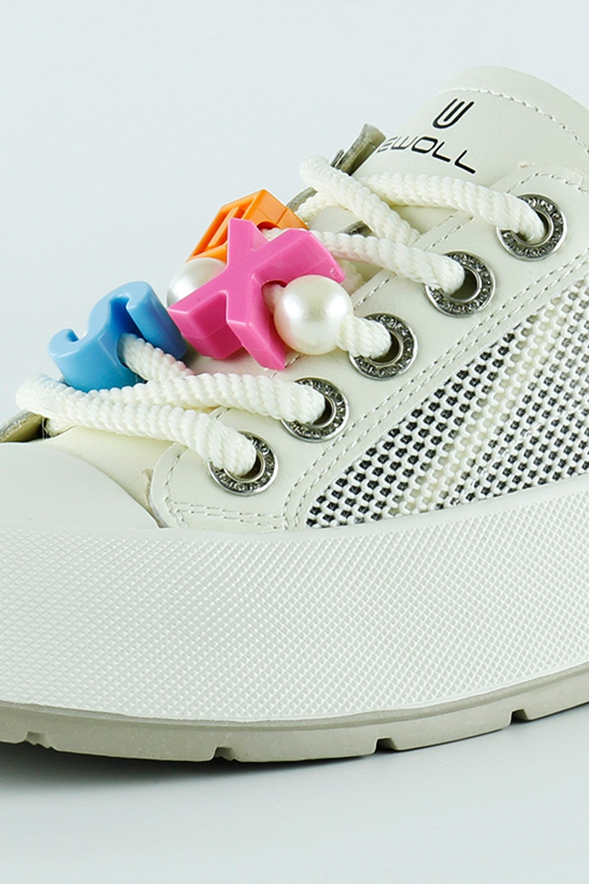 [5020] Bej Yüksek Taban Spor Fileli Harf Detaylı İncili Bağcıklı Platform Sneaker