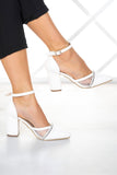 Molly Beyaz Taşlı Fileli Kalın Topuklu Ayakkabı
