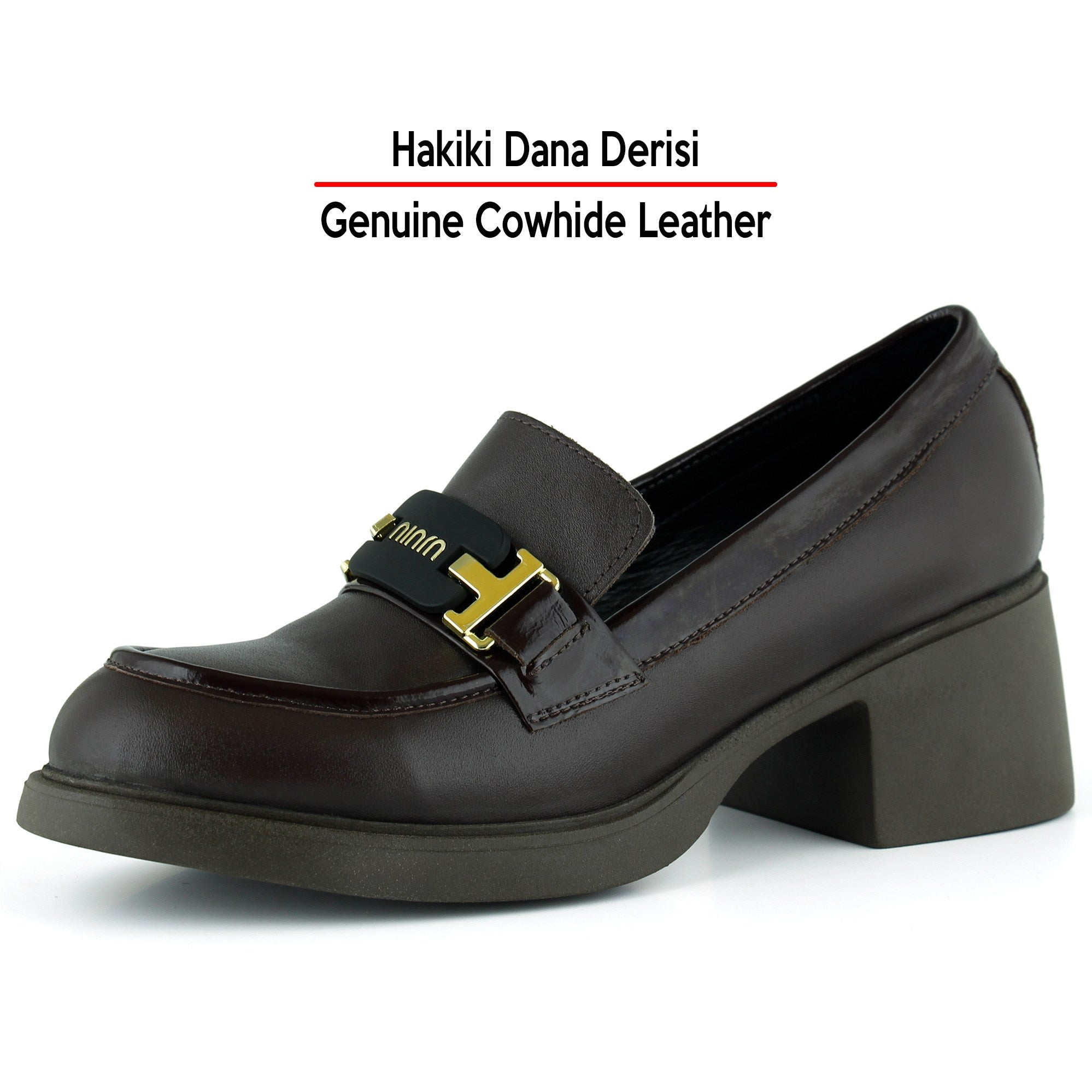 [MAX 54-133] Kahverengi Hakiki Dana Derisi Rugan Detaylı Tokalı Kalın Topuklu Günlük Loafer Ayakkabı