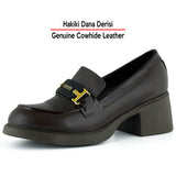 [MAX 54-133] Kahverengi Hakiki Dana Derisi Rugan Detaylı Tokalı Kalın Topuklu Günlük Loafer Ayakkabı