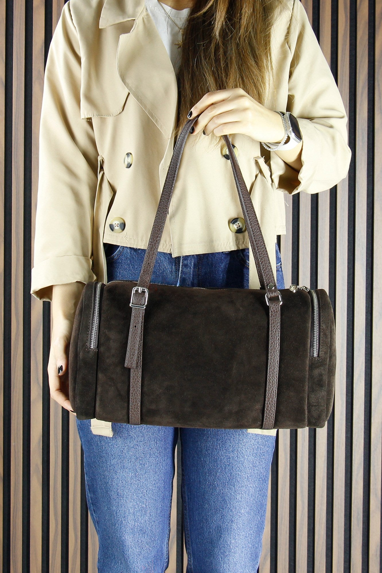 (VSN5020OC) Kahve Hakiki Dana Süet Fermuarlı Üç Bölmeli Boncuk Aksesuarlı Günlük Büyük Boy Omuz Çantası