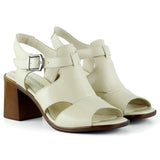 Svajone Bej Hakiki Dana Derisi Kesik Detaylı Tokalı Kalın Topuklu Rahat Günlük Sandalet