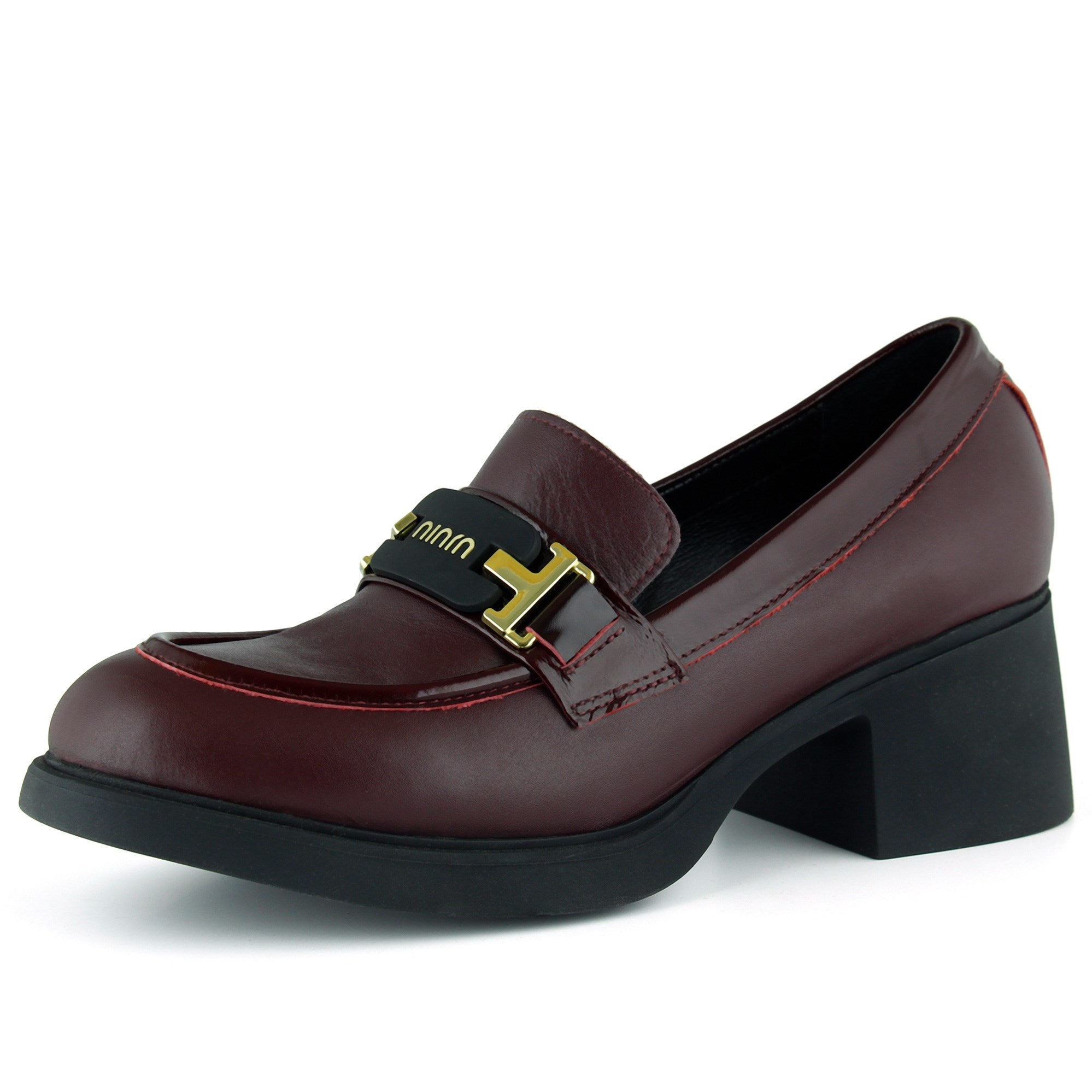 [MAX 54-133] Bordo Hakiki Dana Derisi Rugan Detaylı Tokalı Kalın Topuklu Günlük Loafer Ayakkabı