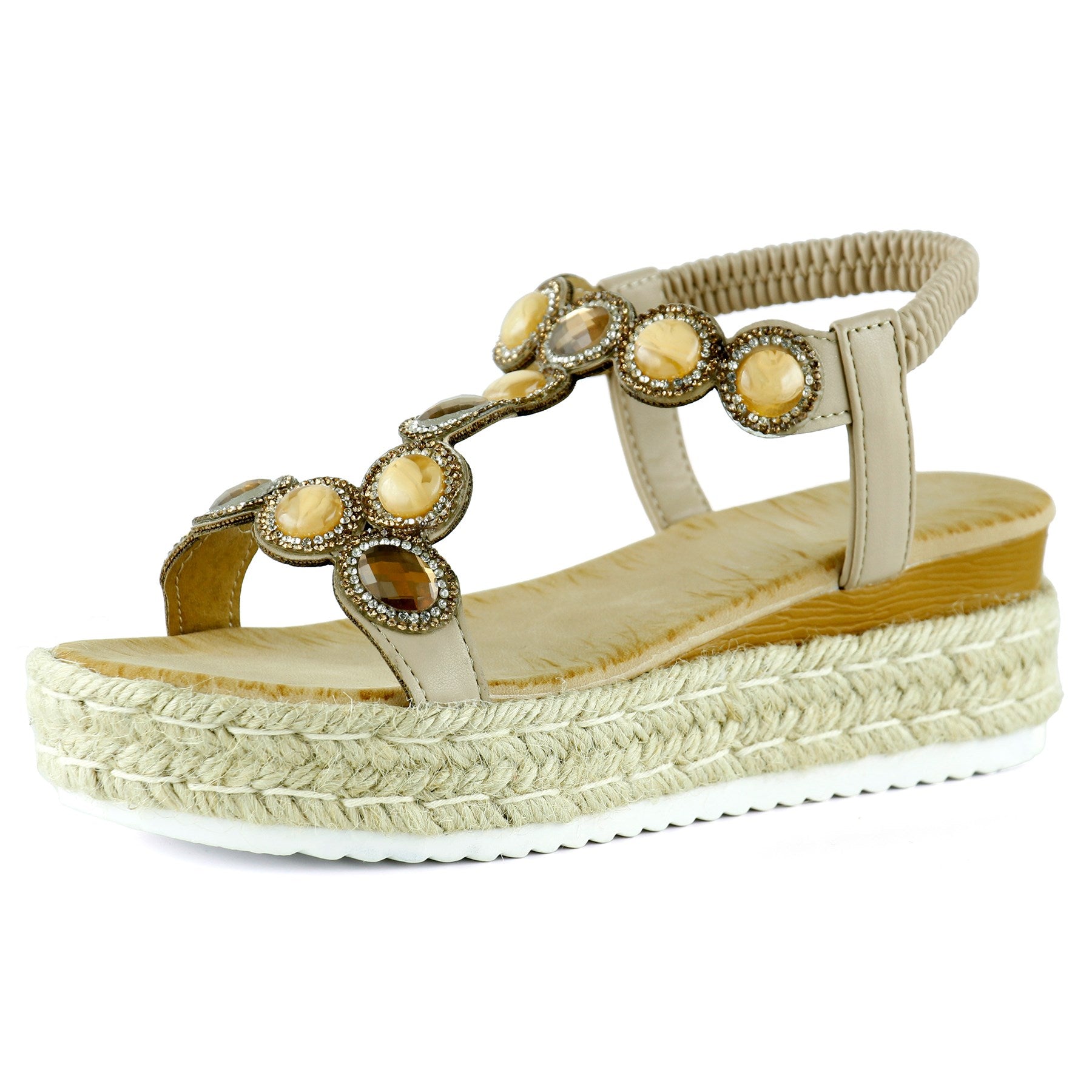 [7022] Bej Kristal Taşlı Elastik Bantlı Zikzak Örgü Jüt Platform Topuklu Sandalet