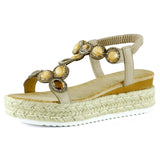 [7022] Bej Kristal Taşlı Elastik Bantlı Zikzak Örgü Jüt Platform Topuklu Sandalet