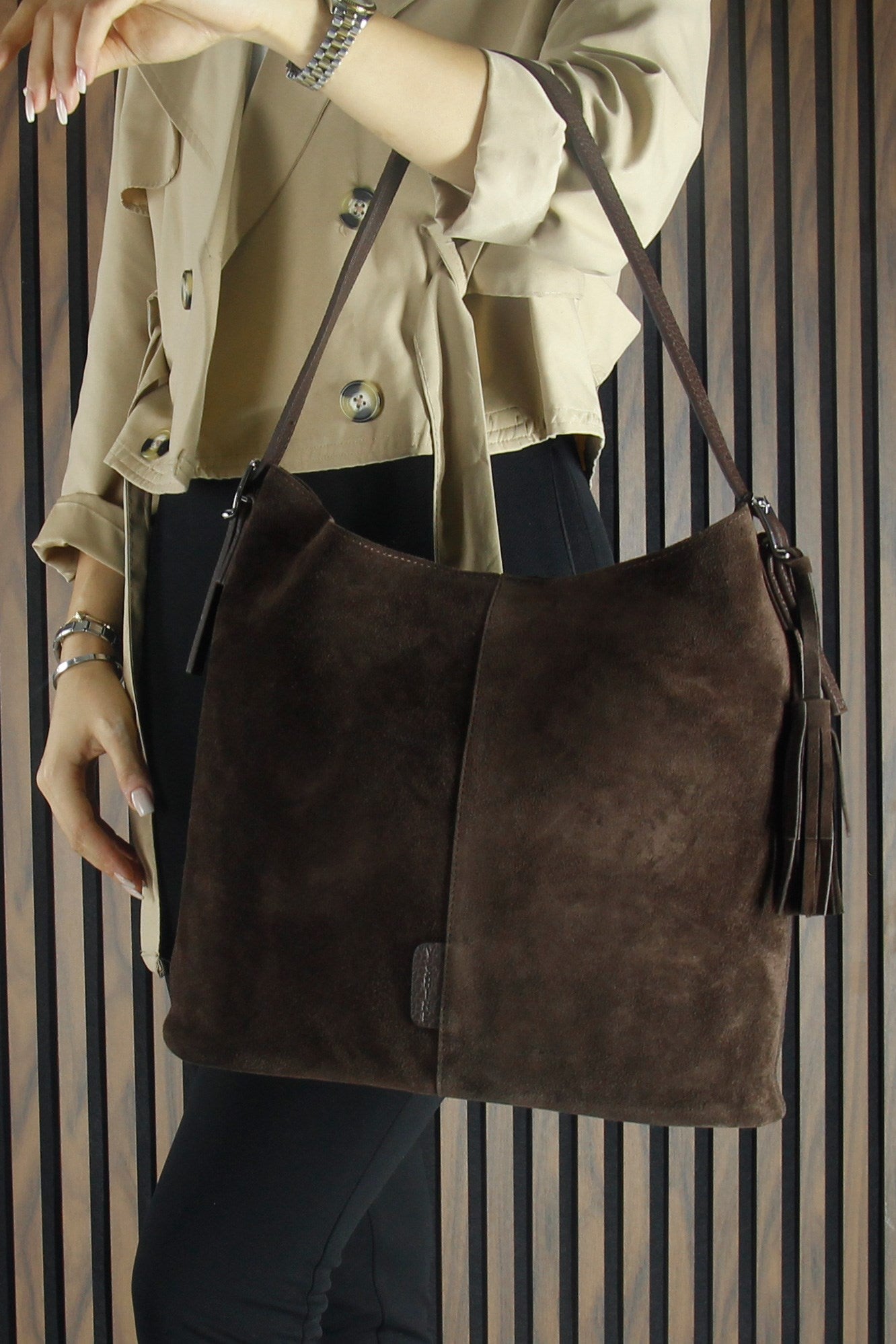 (VSN5016OC) Kahve Hakiki Dana Süet Püsküllü Manyetik Kapaklı Büyük Boy Günlük Omuz Çantası ve El Çantası