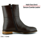 [MAX 423] Kahverengi Hakiki Dana Derisi Tokalı Fermuarlı Yuvarlak Burun Kalın Topuklu Günlük Bot