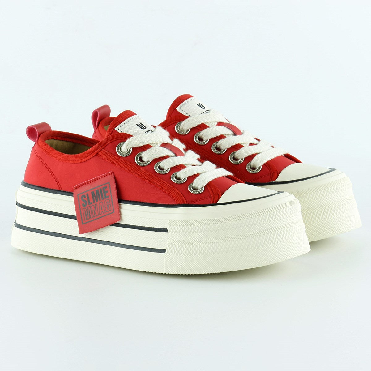 [5016] Kırmızı Saten Yüksek Taban Spor Taşlı Bağcıklı Platform Sneaker