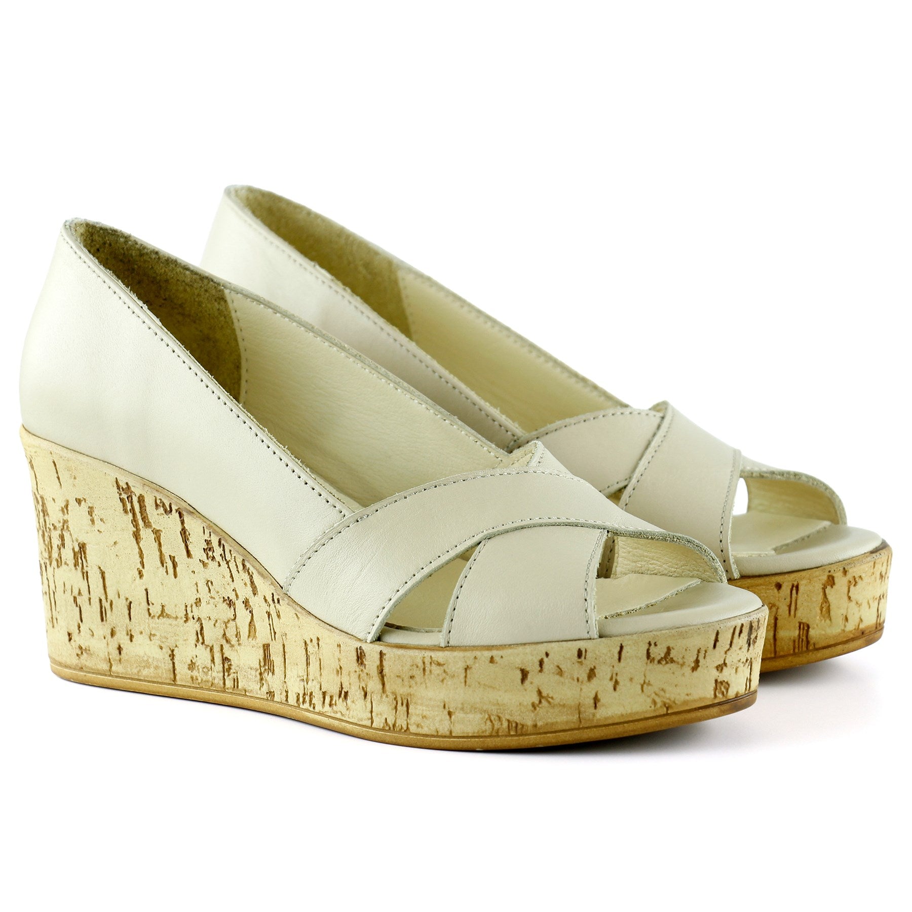 Astrid Bej Hakiki Deri Çapraz Bantlı Mantar Taban Görünümlü Dolgu Topuklu Sandalet