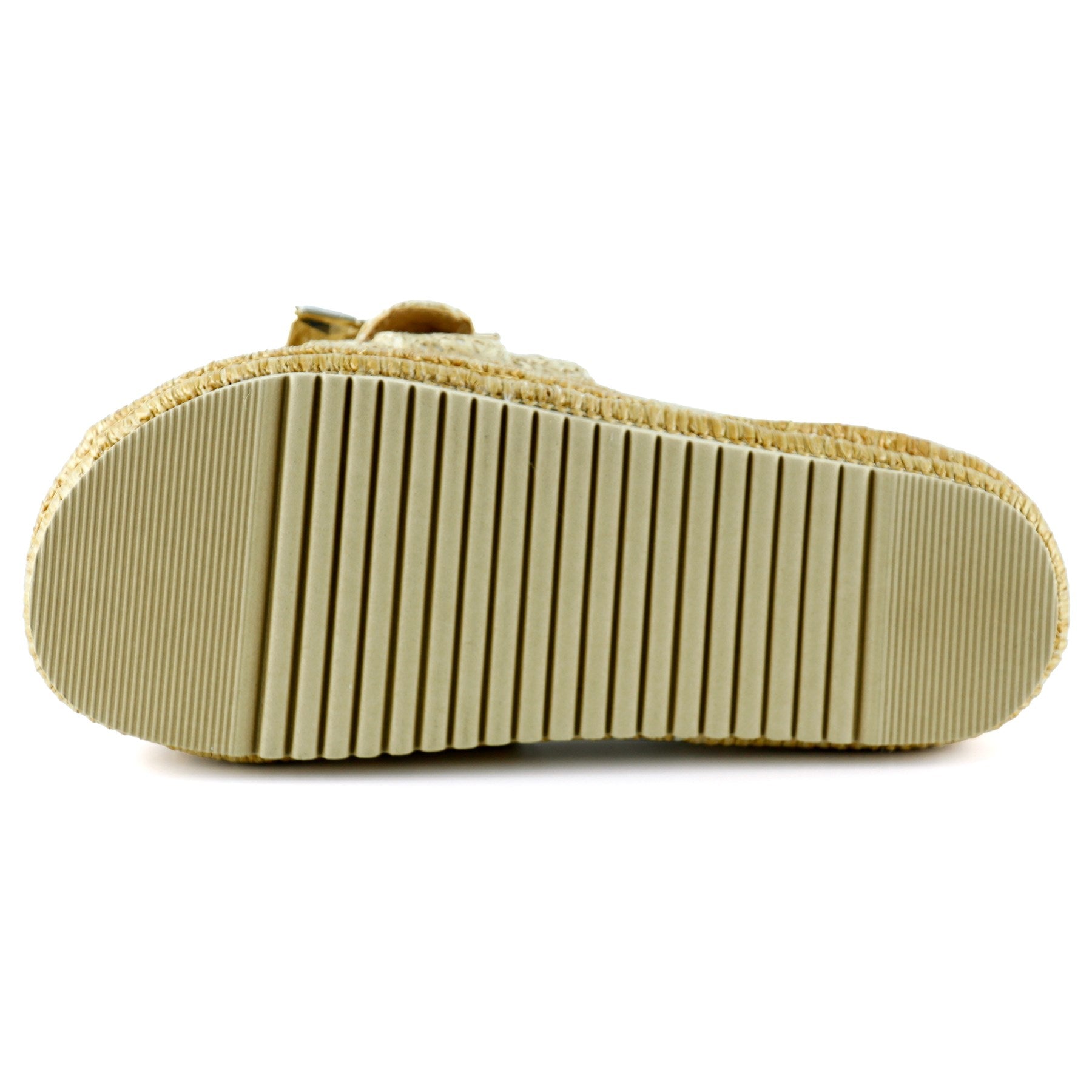 [7076] Bej Sabit Tek Bant Kristal Taş Süslemeli Hasır Dokulu Dolgu Topuklu Terlik