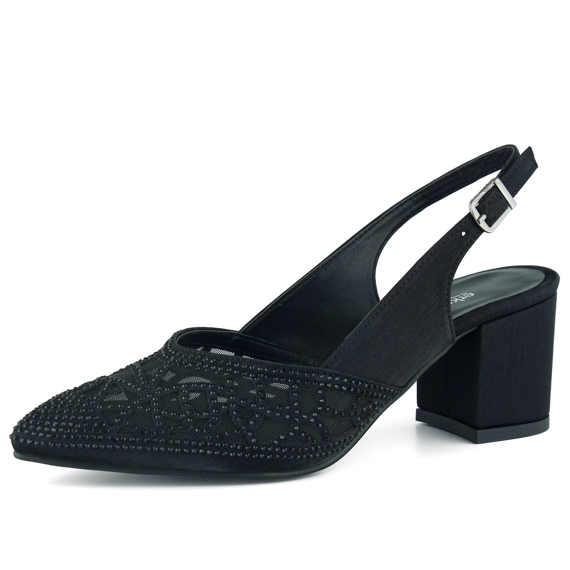 Estelle Siyah Saten Taşlı Fileli Sivri Burun Kalın Topuklu Arkası Açık Abiye Ayakkabı