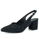 Estelle Siyah Saten Taşlı Fileli Sivri Burun Kalın Topuklu Arkası Açık Abiye Ayakkabı