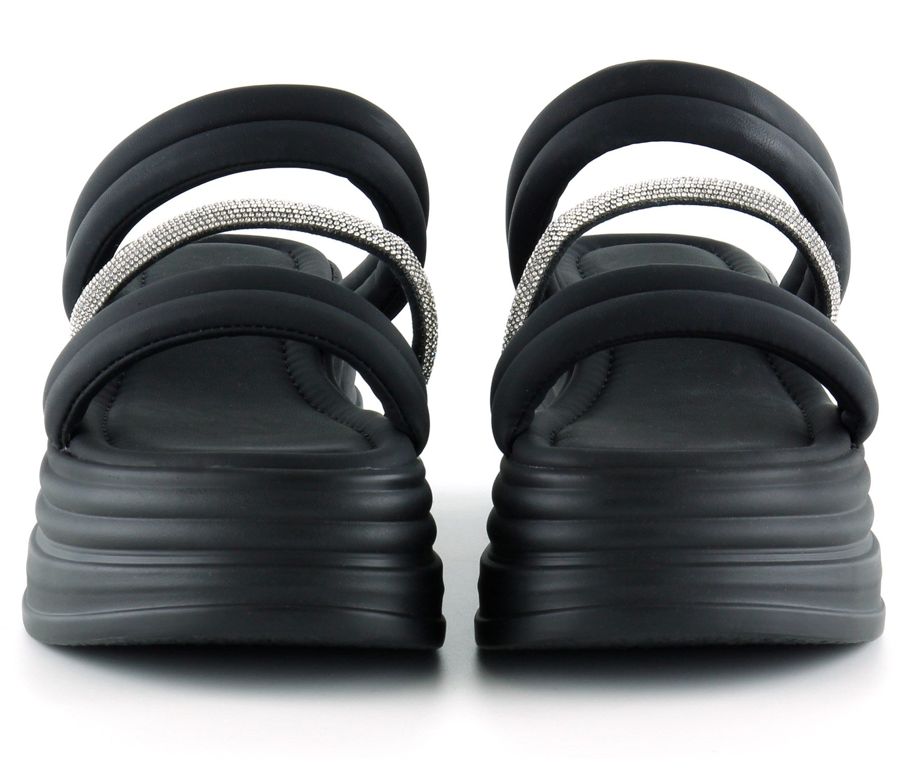 [7028] Siyah Dolgu Taban Gümüş Taşlı Bantlı Platform Terlik