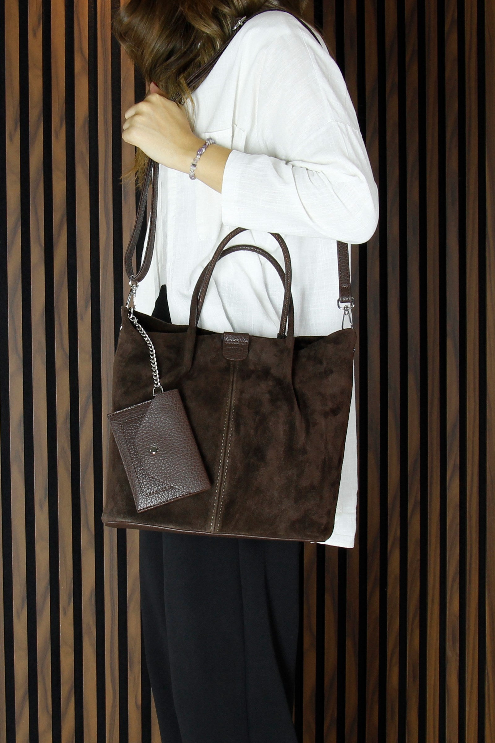 (VSN5010OC) Kahve Hakiki Dana Süet Manyetik Kapaklı İç Cepli Askılı Günlük Büyük Boy Omuz Çantası ve Cüzdanı