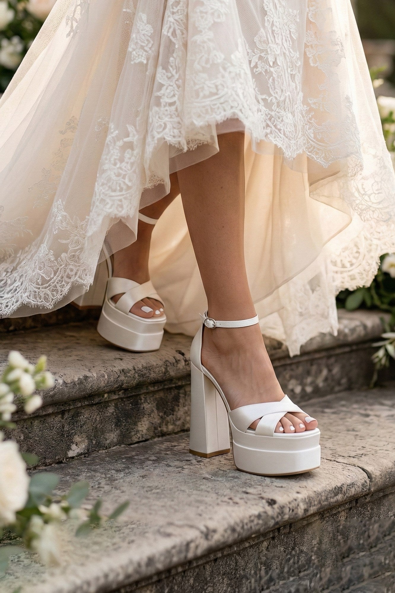 Celine İnci Beyaz Önü Açık Çapraz Bantlı Çift Platformlu Kalın Topuklu Abiye Gelin Ayakkabısı