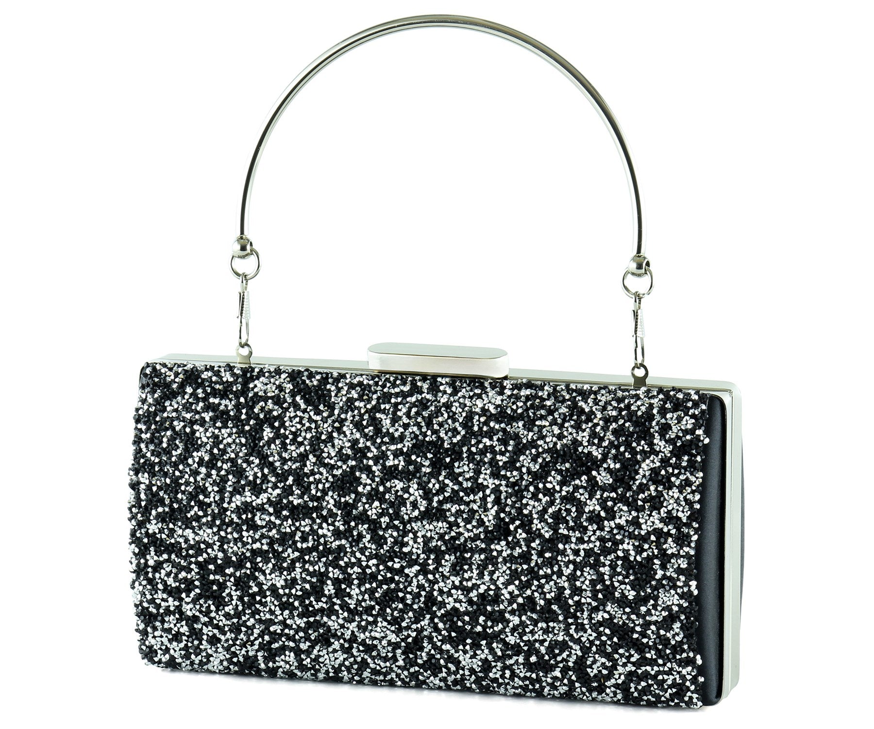 Siyah Saten Kristal Granül Taşlı Metal Saplı Abiye El Çantası ( ES0013AC )