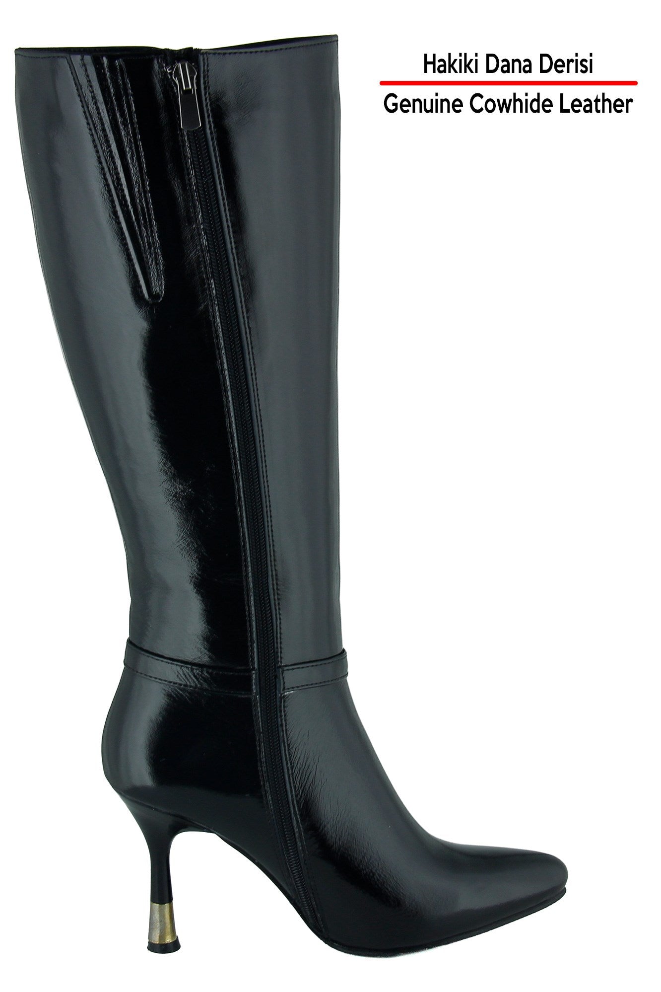 [MAX 1430] Siyah Rugan Hakiki Dana Derisi Tokalı Fermuarlı Sivri Burun İnce Topuklu Çizme