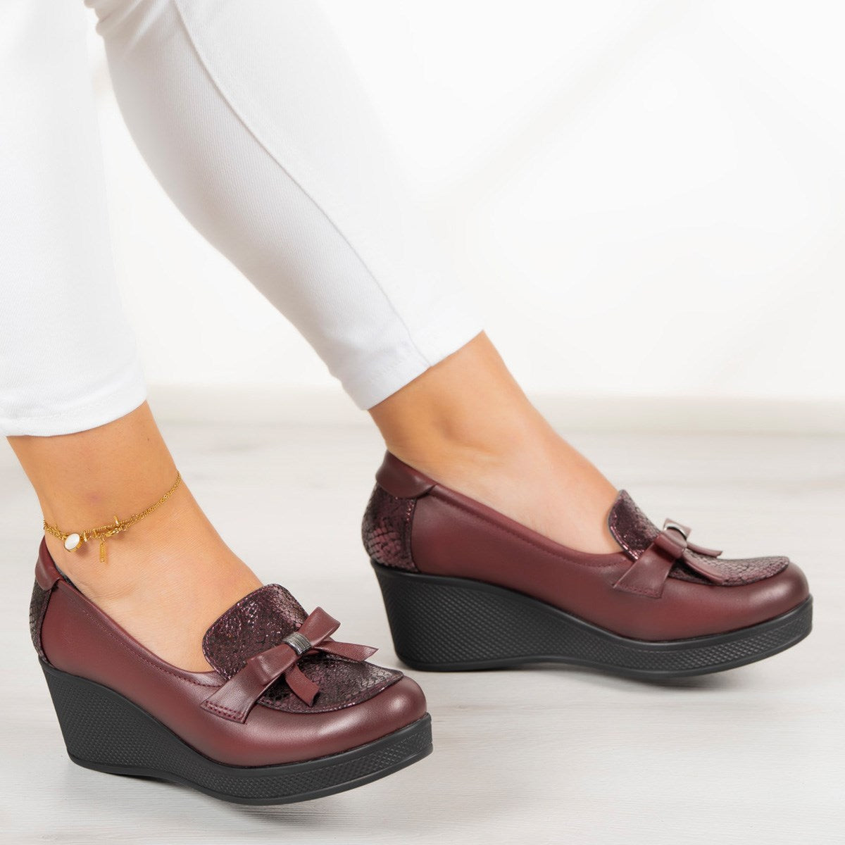 Emma Bordo Hakiki Deri Dolgu Topuklu Günlük Ayakkabı