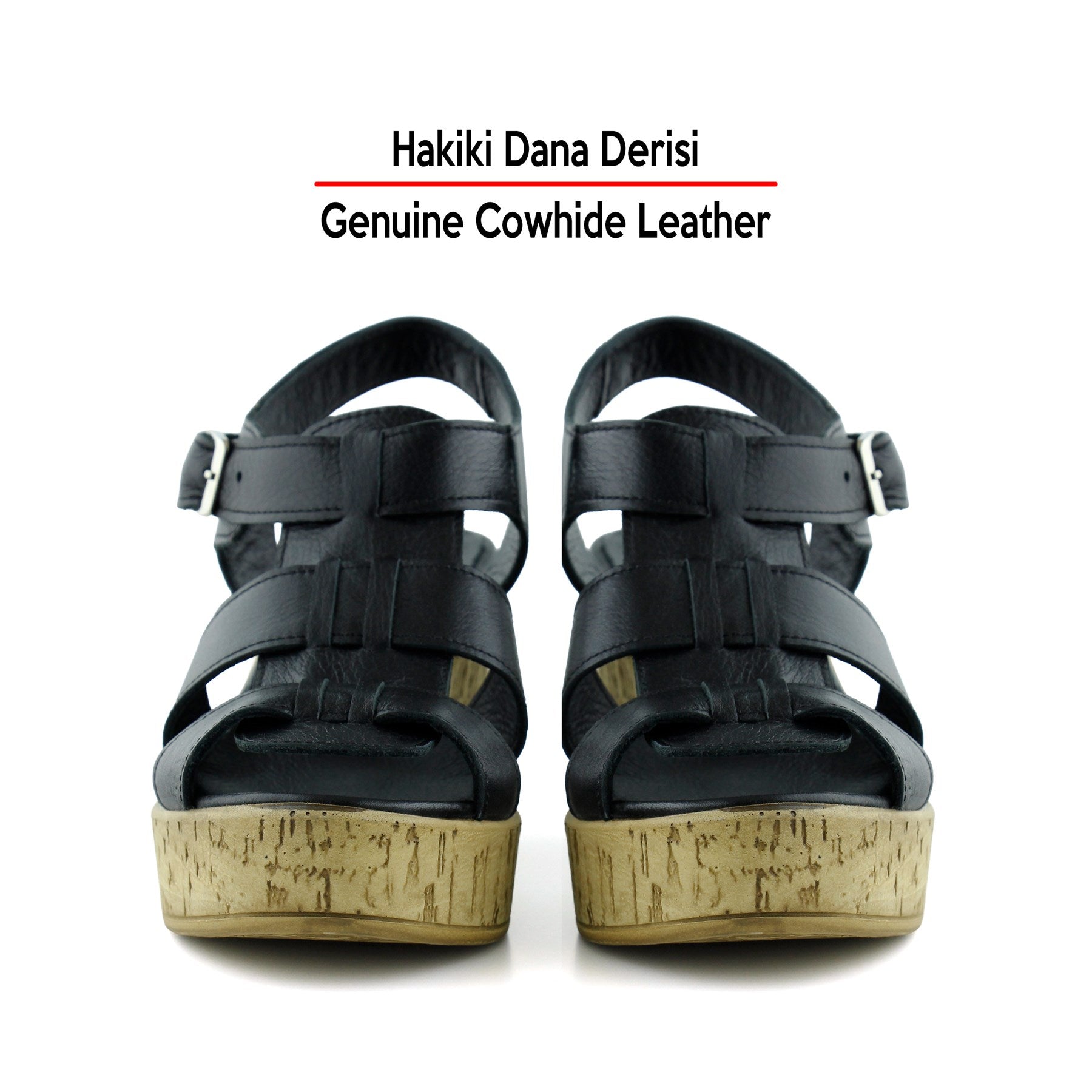 Xena Siyah Hakiki Dana Derisi Mantar Taban Görünümlü Dolgu Topuklu Gladyatör Sandalet