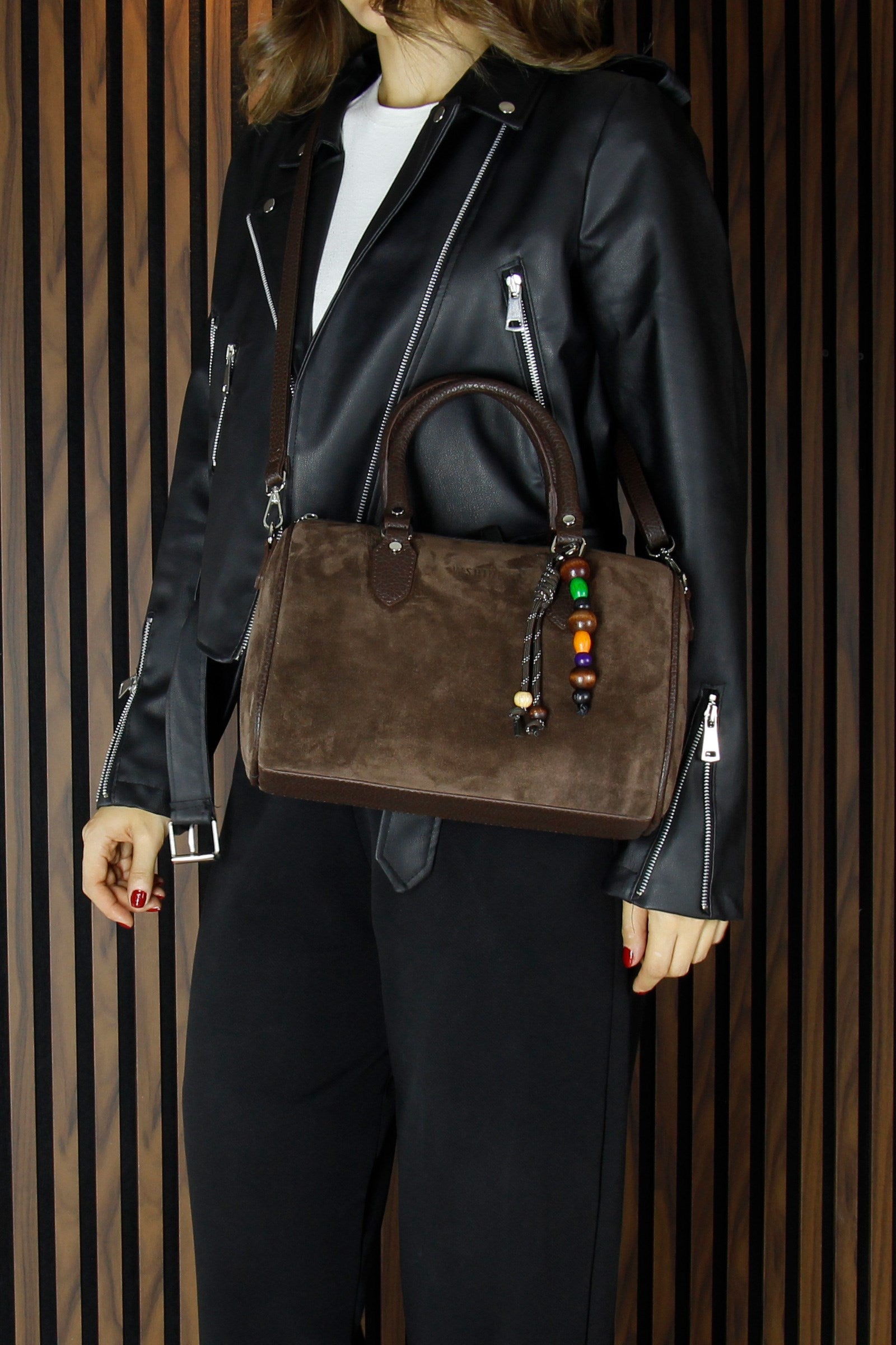 (VSN5011OC) Kahve Hakiki Dana Süet Fermuarlı İç Cepli Askılı Boncuk Aksesuarlı Günlük Büyük Boy Omuz Çantası