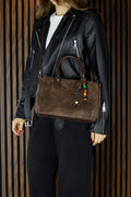 (VSN5011OC) Kahve Hakiki Dana Süet Fermuarlı İç Cepli Askılı Boncuk Aksesuarlı Günlük Büyük Boy Omuz Çantası