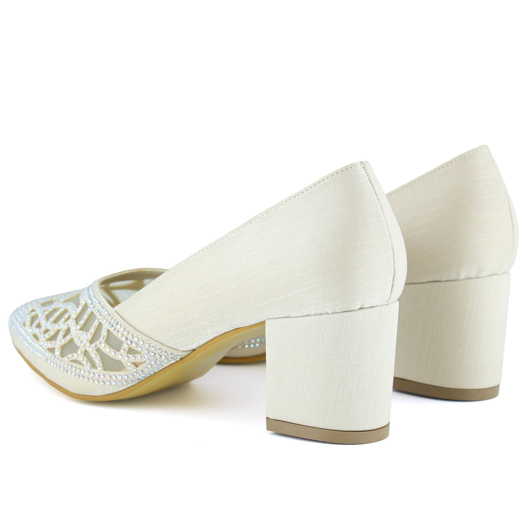 Patricia Ten Saten Taşlı Fileli Sivri Burun Kalın Topuklu Abiye Ayakkabı