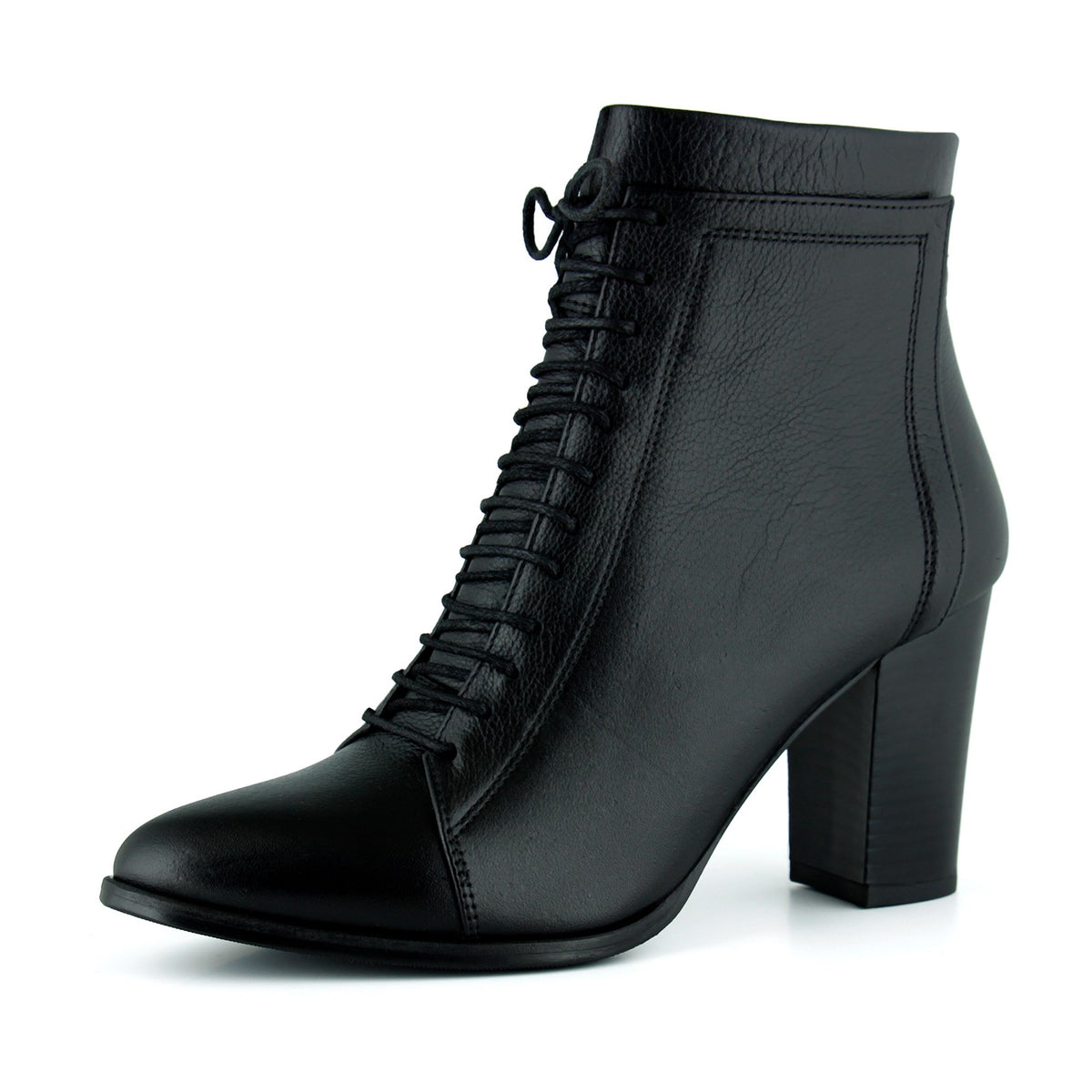 [MAX 234] Siyah Hakiki Dana Derisi Bağcıklı Fermuarlı Sivri Burun Kalın Topuklu Günlük Bot