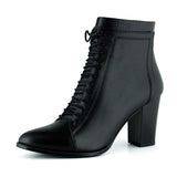 [MAX 234] Siyah Hakiki Dana Derisi Bağcıklı Fermuarlı Sivri Burun Kalın Topuklu Günlük Bot