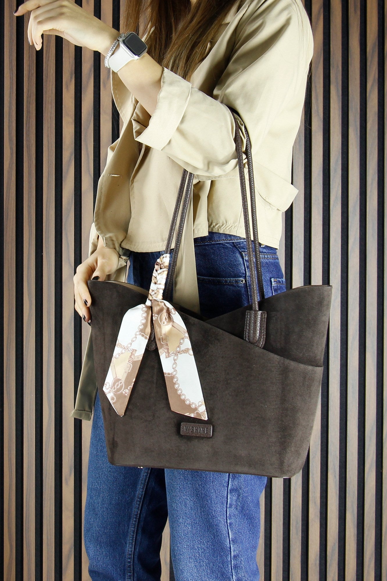 (VSN3094OC) Kahve Hakiki Dana Süet Manyetik Kapaklı Büyük Boy Günlük Omuz Çantası ve Askılı El Çantası