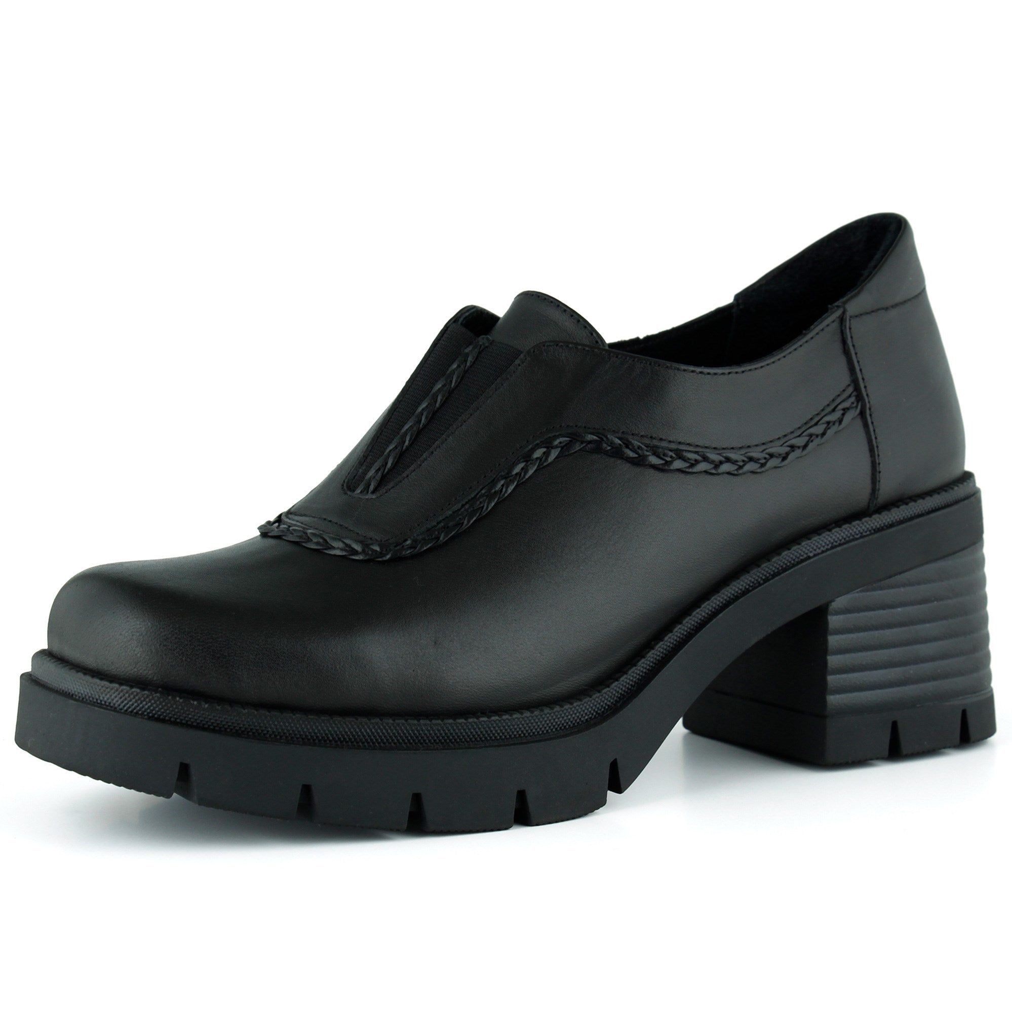 [MAX 5050] Siyah Hakiki Dana Derisi Lastikli Saç Örgü Detaylı Kalın Topuklu Günlük Loafer Ayakkabı