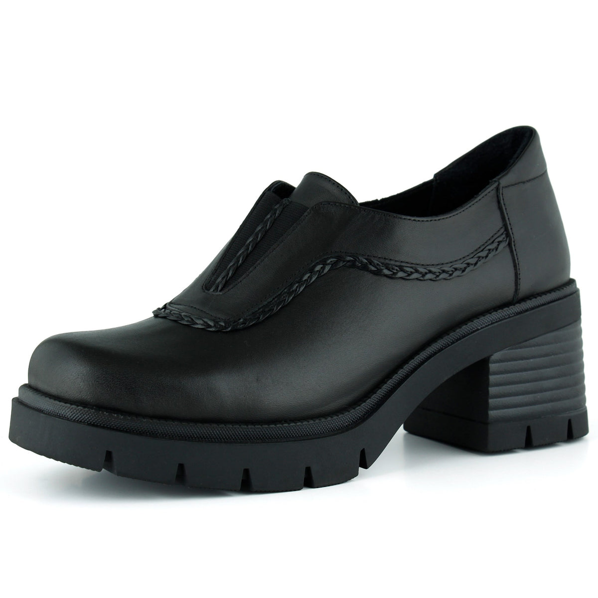 [MAX 5050] Siyah Hakiki Dana Derisi Lastikli Saç Örgü Detaylı Kalın Topuklu Günlük Loafer Ayakkabı