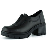 [MAX 5050] Siyah Hakiki Dana Derisi Lastikli Saç Örgü Detaylı Kalın Topuklu Günlük Loafer Ayakkabı