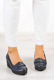 Maika Lacivert Hakiki Deri Dolgu Topuklu Günlük Ayakkabı