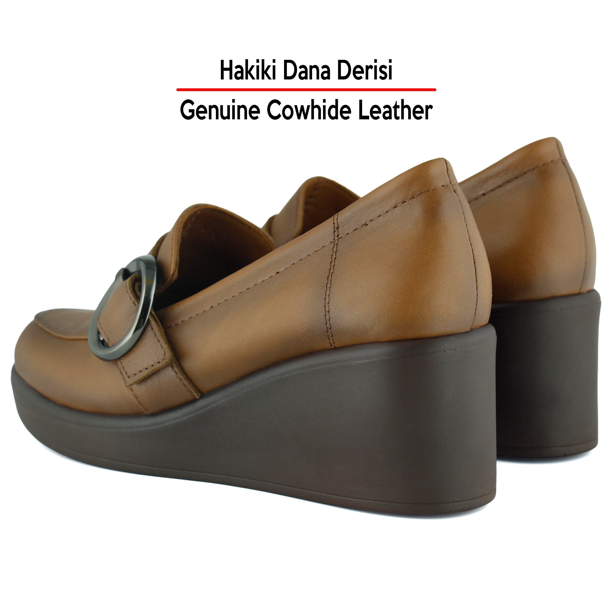 Madeline Taba Hakiki Dana Derisi Tokalı Yuvarlak Burun Dolgu Topuklu Günlük Ayakkabı