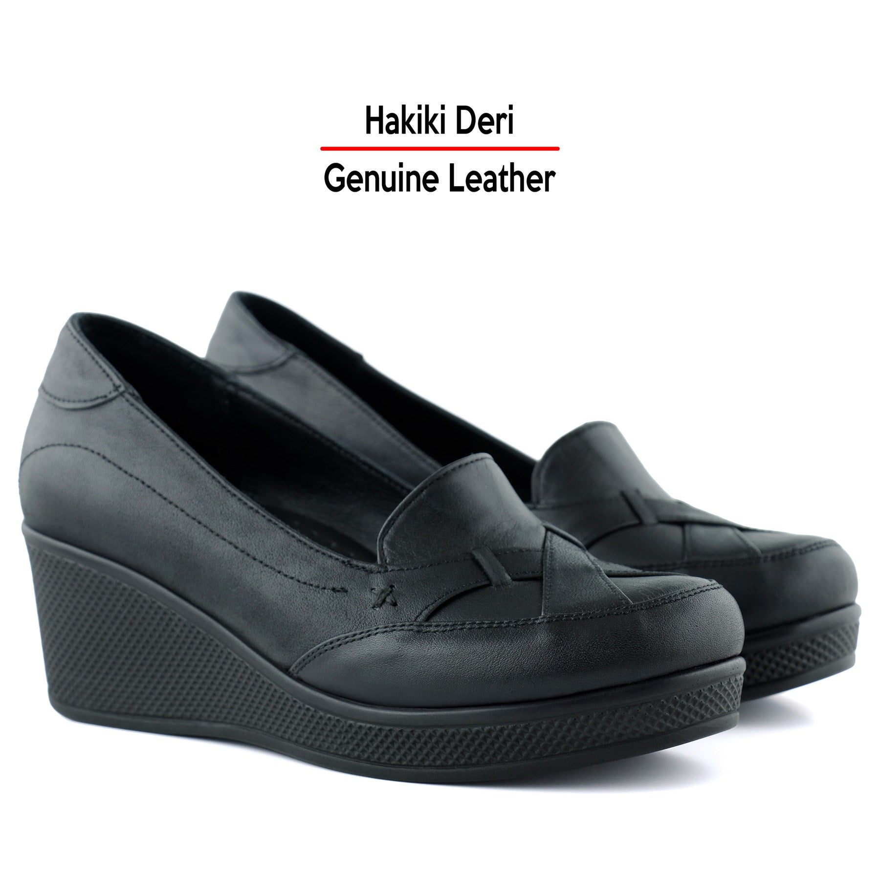 Shay Exclusives Siyah Hakiki Deri Çapraz Bant Detaylı İşlemeli Dolgu Topuklu Günlük Ayakkabı