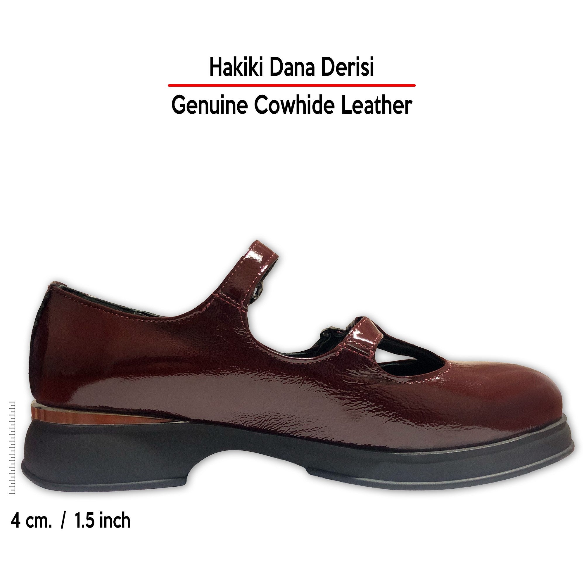 [MAX 53-120] Bordo Rugan Hakiki Dana Derisi Çift Bantlı Mary Jane Kalın Topuklu Günlük Ayakkabı