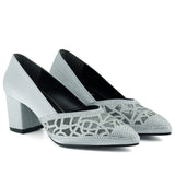 Patricia Gümüş Saten Taşlı Fileli Sivri Burun Kalın Topuklu Abiye Ayakkabı