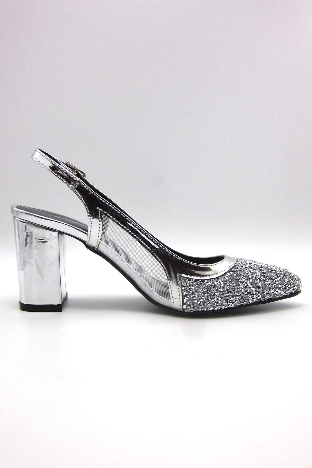 Panula Exclusive Gümüş Taşlı Fileli Arkası Açık Abiye Ayakkabı