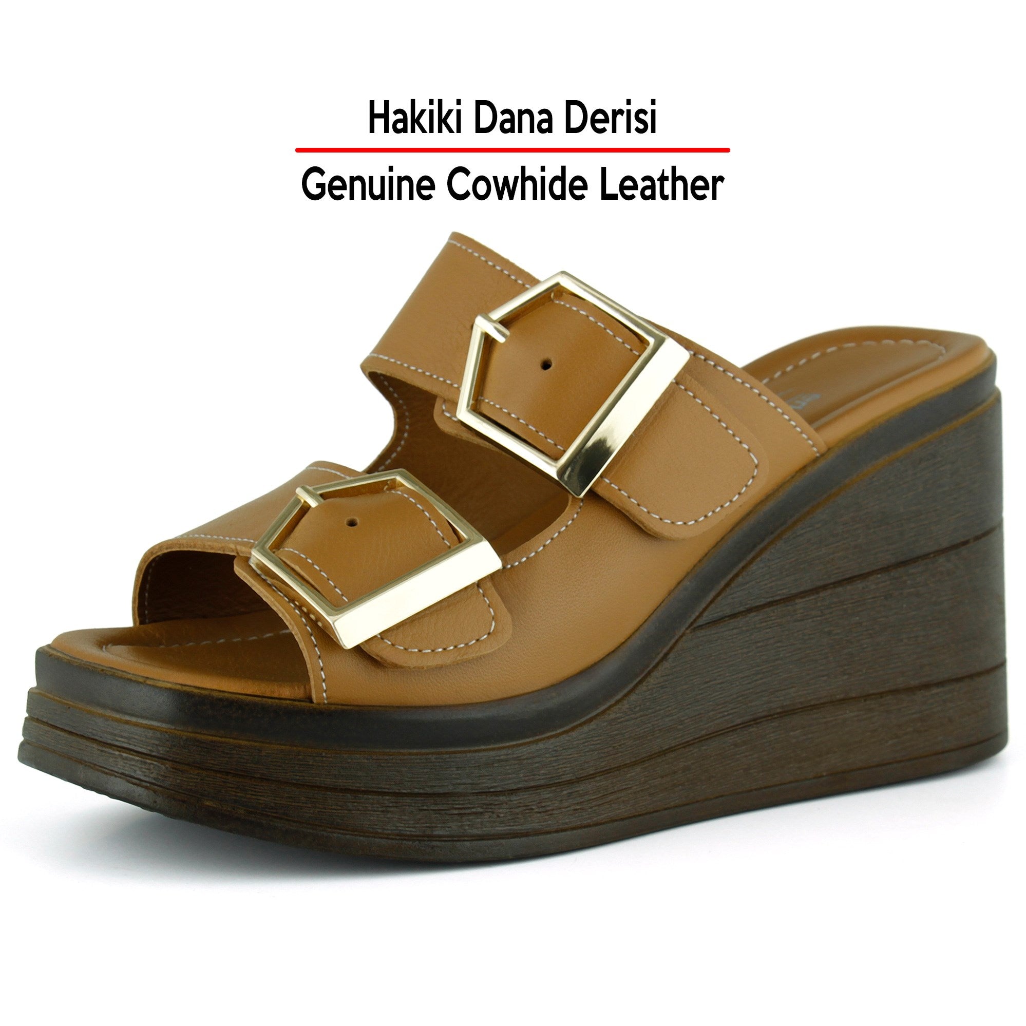 Denise Taba Hakiki Dana Derisi Çift Tokalı Platform Dolgu Topuklu Kadın Terlik
